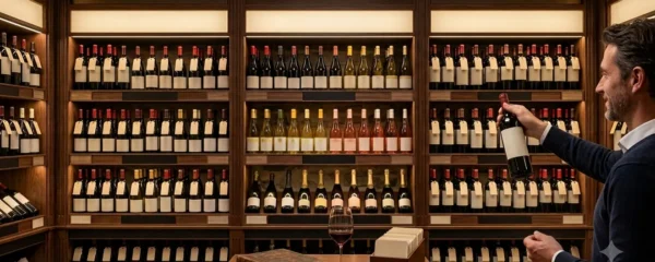 Cave à vin électrique moderne avec porte vitrée ouverte révélant des clayettes en bois organisées avec bouteilles rangées par zones et étiquettes de couleur, dans une cuisine contemporaine française lumineuse