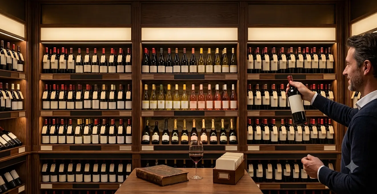 Cave à vin électrique moderne avec porte vitrée ouverte révélant des clayettes en bois organisées avec bouteilles rangées par zones et étiquettes de couleur, dans une cuisine contemporaine française lumineuse