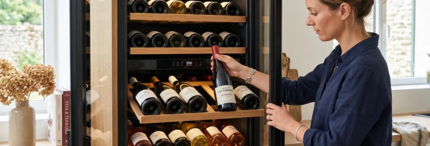 Cave à vin électrique moderne avec porte vitrée ouverte révélant des clayettes en bois organisées avec bouteilles rangées par zones et étiquettes de couleur, dans une cuisine contemporaine française lumineuse