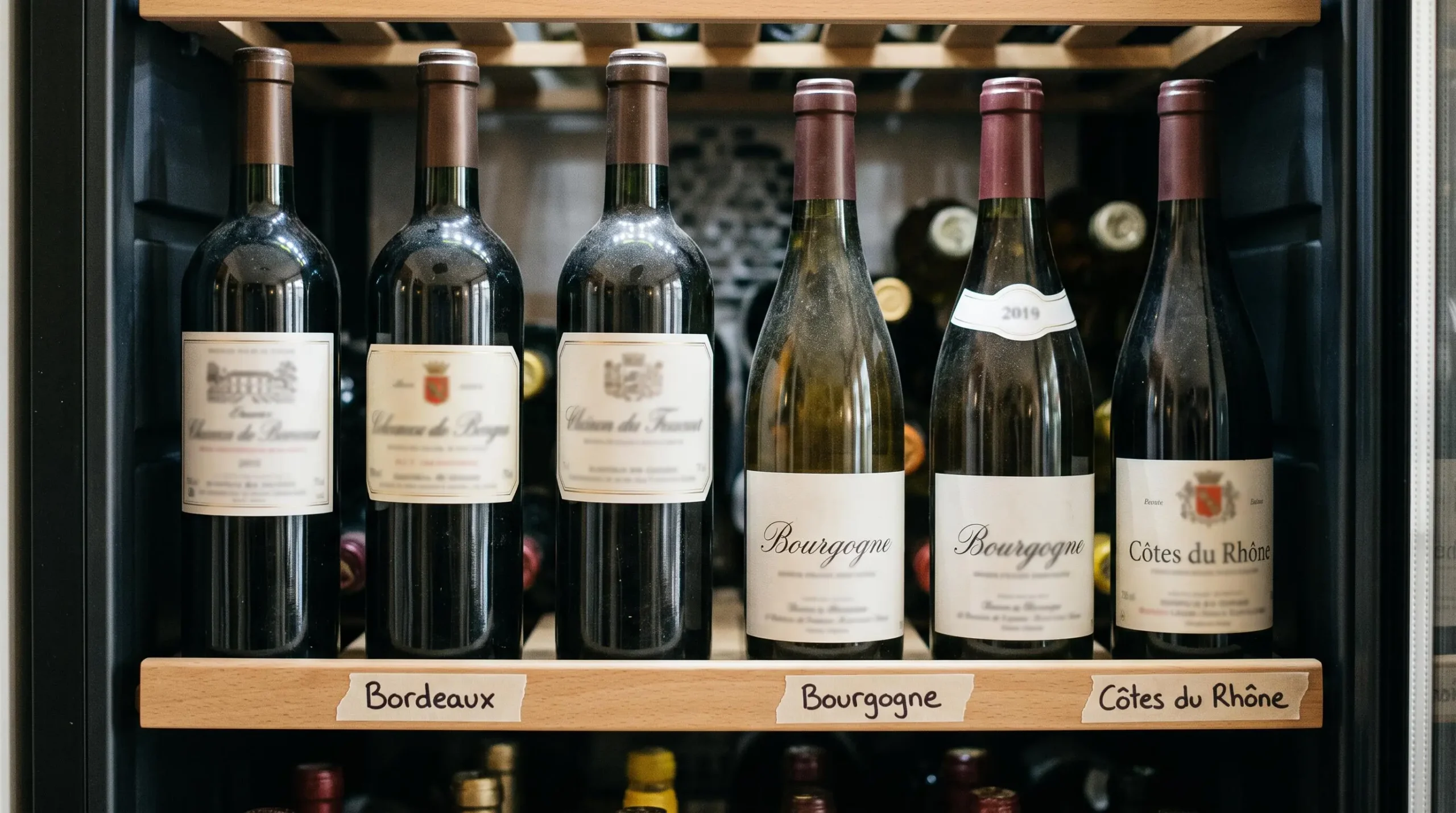 Clayette de cave à vin avec six bouteilles de formats variés (Bordeaux et Bourgogne) accompagnées d'étiquettes manuscrites en français indiquant les régions viticoles
