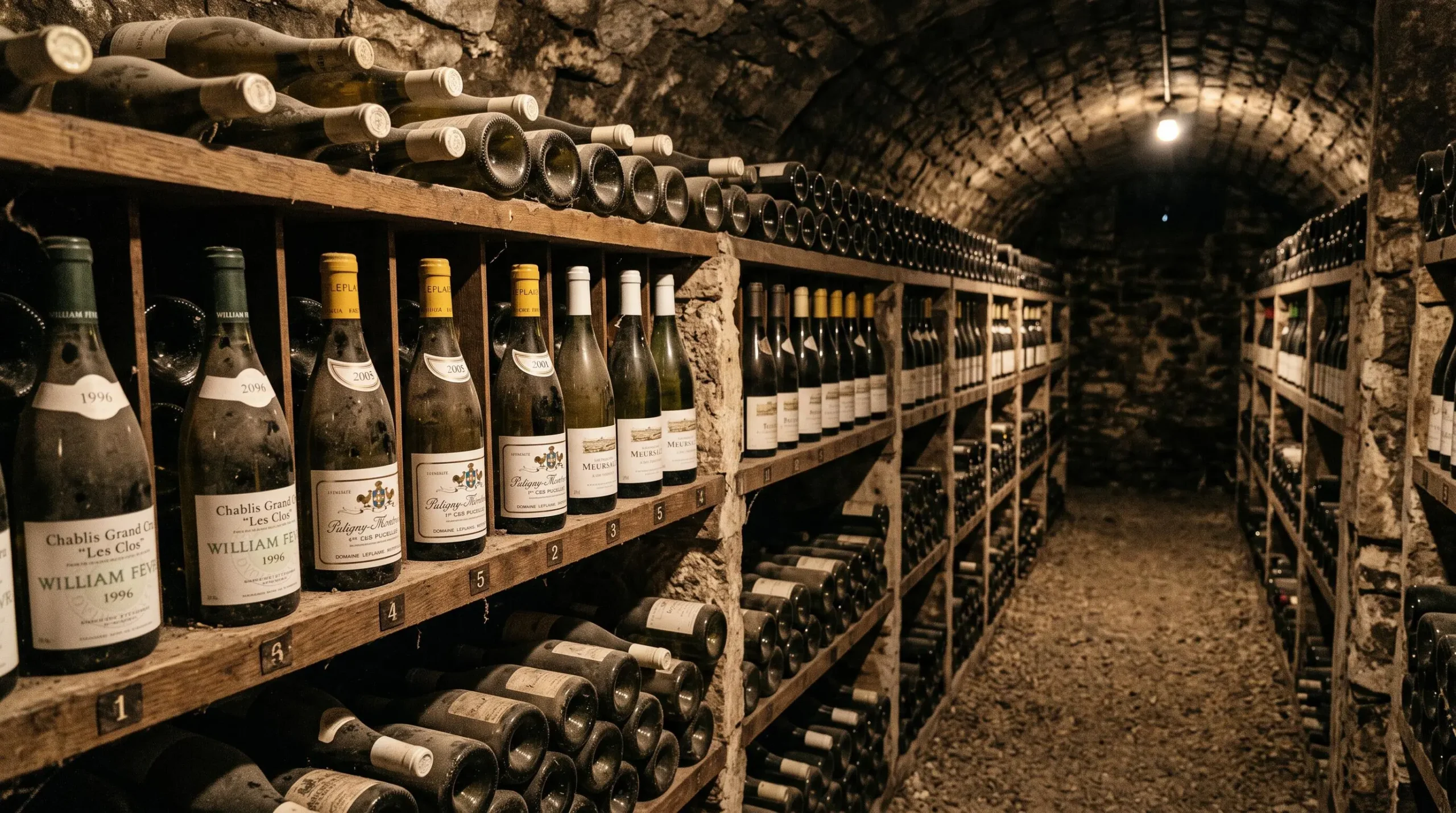 Intérieur de cave à vin avec bouteilles de vin blanc rangées horizontalement dans des casiers en bois, montrant différents millésimes stockés.