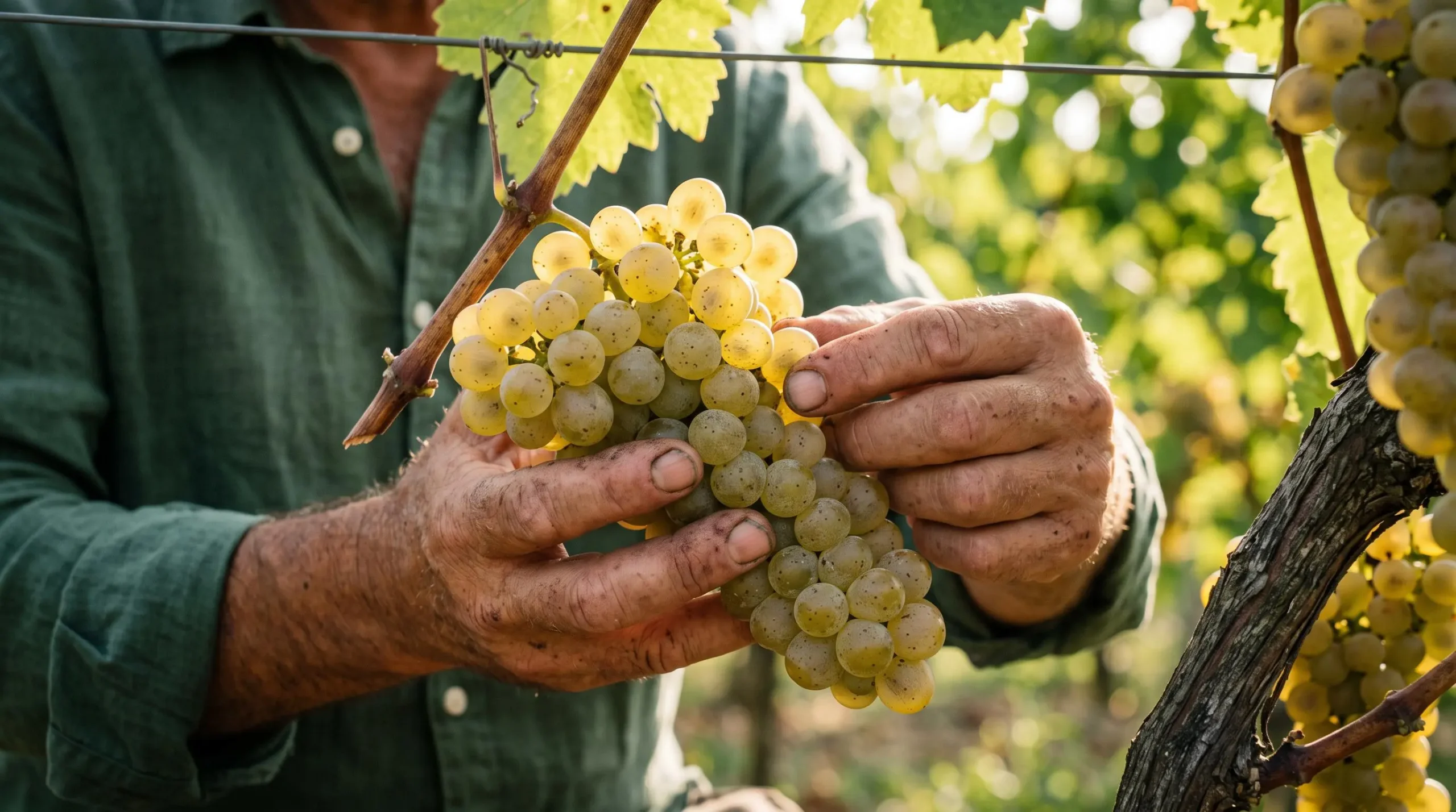 Mains d'un vigneron inspectant une grappe de raisin blanc sur la vigne pour évaluer les caractéristiques du cépage.