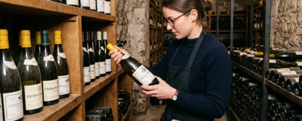Sommelier professionnel examinant des étiquettes de bouteilles de vin blanc dans une cave française, inspectant les mentions AOC, millésime et cépage.