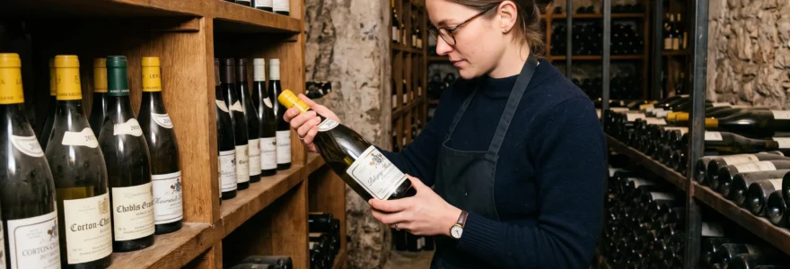 Sommelier professionnel examinant des étiquettes de bouteilles de vin blanc dans une cave française, inspectant les mentions AOC, millésime et cépage.