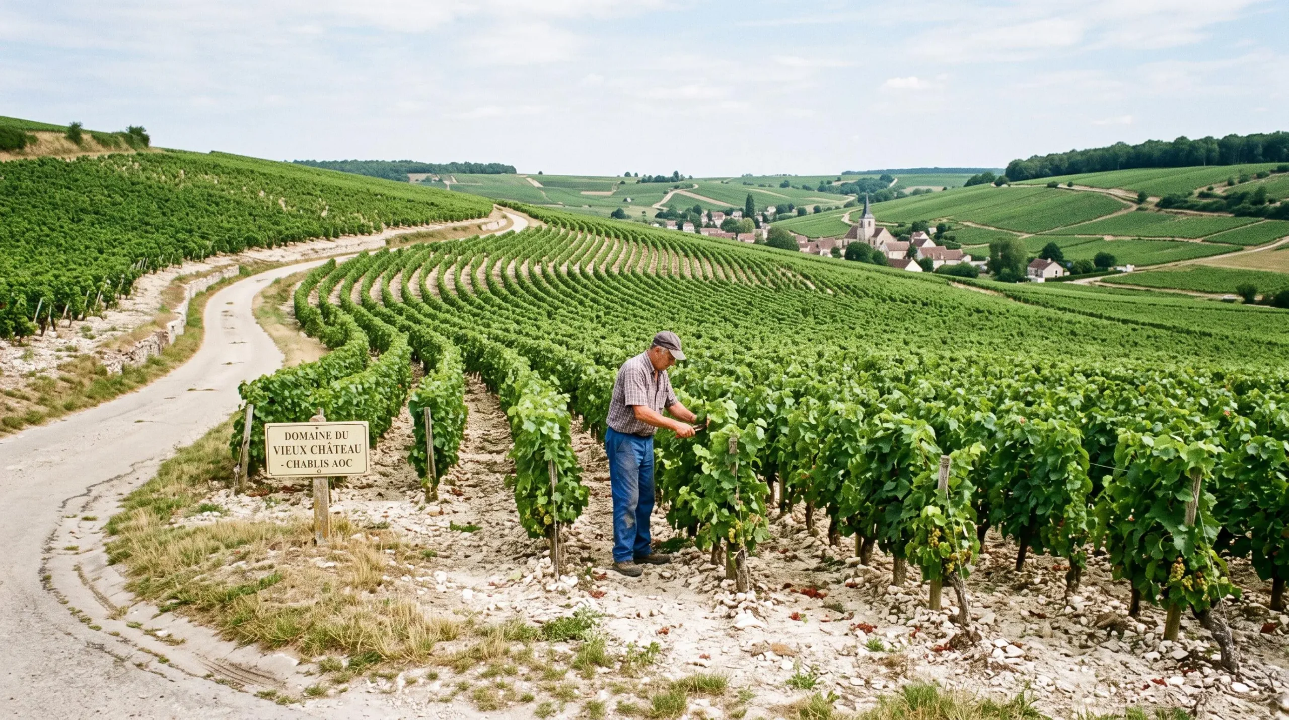 Vignoble français de vin blanc avec rangées de vignes sur un coteau et un viticulteur travaillant dans les rangs.