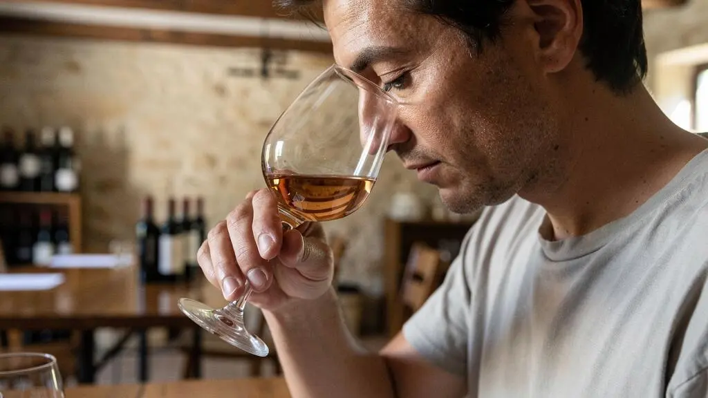 Dégustateur concentré humant un verre de vin pour analyser les arômes lors d'une dégustation à l'aveugle.