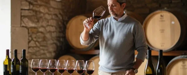 Amateur passionné examinant la robe d'un verre de vin rouge lors d'une dégustation à l'aveugle dans une salle de dégustation traditionnelle française.