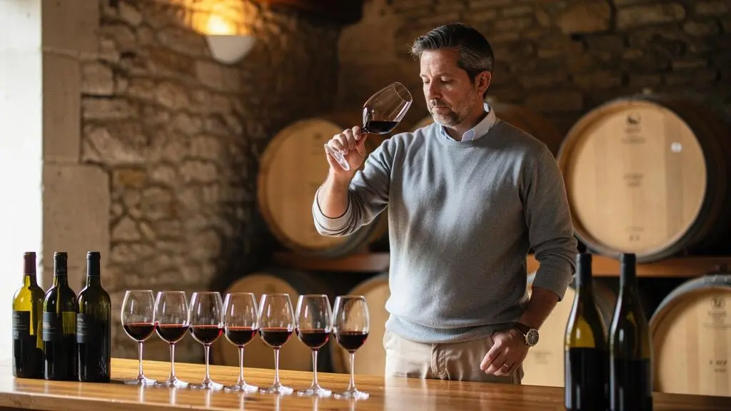 Amateur passionné examinant la robe d'un verre de vin rouge lors d'une dégustation à l'aveugle dans une salle de dégustation traditionnelle française.