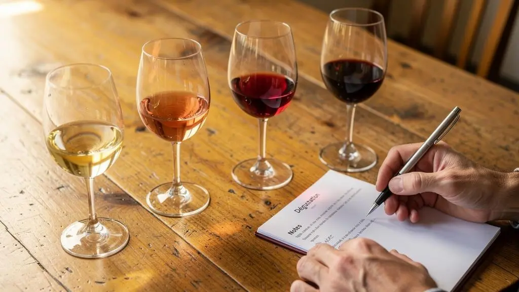 Série de verres de vins de différentes couleurs disposés sur une table de dégustation avec prise de notes pour un entraînement comparatif.